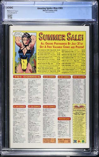 Amazing Spider-Man #365 Romita Sr. CGC 9.4 Newsstand 1st Spider-Man 2099