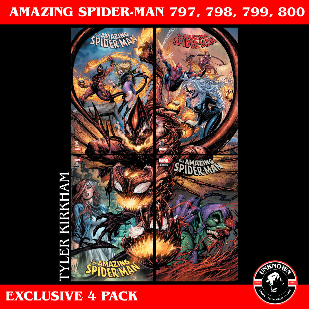 [4 PACK] AMAZING SPIDER-MAN #797, #798, #799, #800 UNKNOWN COMICS CONNECTING COVERS KIRKHAM 2018
