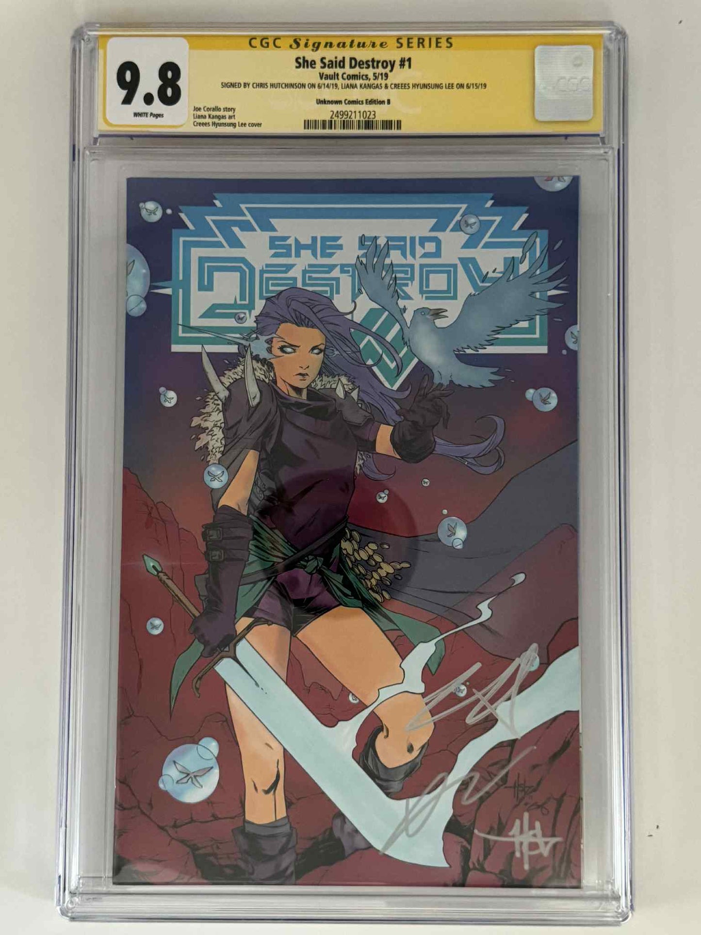 [Triple Signed by Chris Hutchinson | Liana Kangas | Creees Hyunsung Lee] She Said Destroy #1 CGC 9.8 Yellow Label Creees Exclusive Var